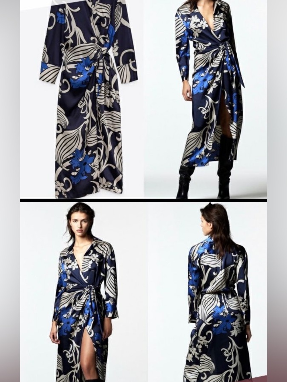 ZARA NAVY, CREAM & BLUE PRINT COLLARED 3/4 SLEEVED WRAP MIDI DRESS Sz S